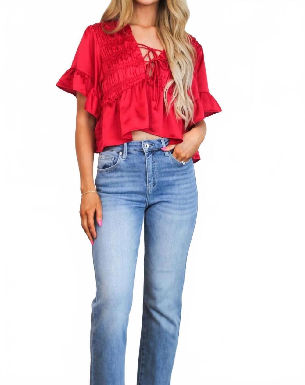 NEW DAY + MOON miraz satin ruffle top in red